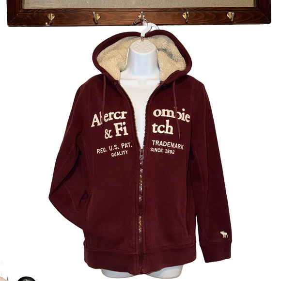 Vintage Y2K Abercrombie & Fitch Burgundy Zip-Up Hoodie 90s small fur lined RARE